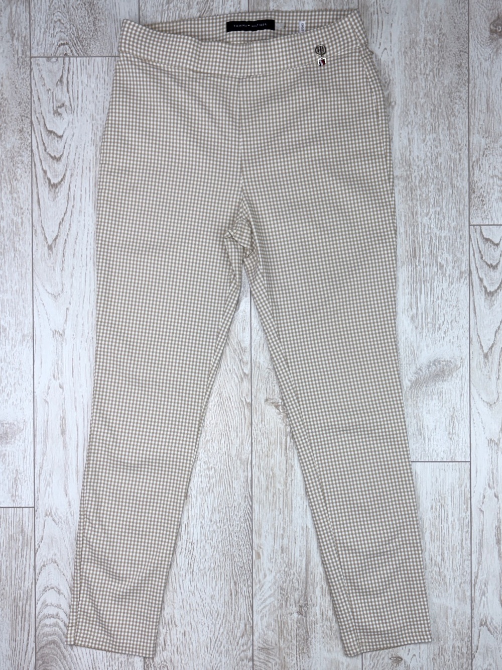 Tommy Hilfiger 10 Beige Micro-Houndstooth Pull-On Tapered Pants